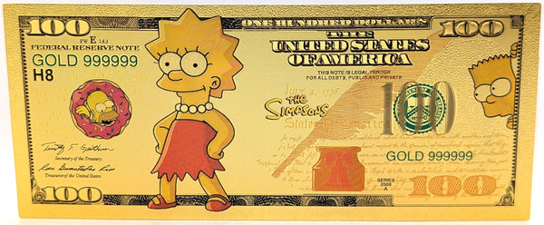 $100 Lisa Simpson The Simpsons Novelty 24K Gold Foil Plated Note Bill XX026