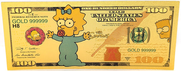 $100 Maggie Simpson The Simpsons Novelty 24K Gold Foil Plated Note Bill XX025