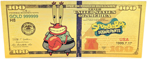 $100 Mr Krabs Spongebob Cartoon Novelty 24K Gold Foil Plated Note Bill XX052