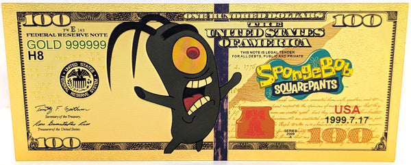 $100 Plankton Spongebob Cartoon Novelty 24K Gold Foil Plated Note Bill XX053