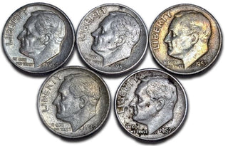 Lot of (5) Roosevelt Dimes  90% Silver 1946 -1964 Average Circulated Coins-SL01