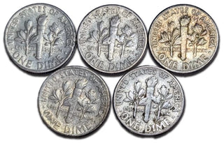 Lot of (5) Roosevelt Dimes  90% Silver 1946 -1964 Average Circulated Coins-SL01