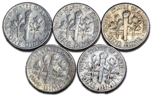 Lot of (5) Roosevelt Dimes  90% Silver 1946 -1964 Average Circulated Coins-SL01