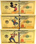 Mickey, Goofy & Donald Disney $1000000 Note Novelty 24K Gold Foil Bill LH295