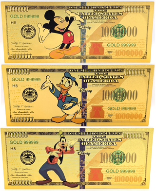 Mickey, Goofy & Donald Disney $1000000 Note Novelty 24K Gold Foil Bill LH295