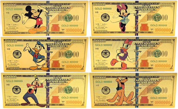 Micky, Minnie, Daisy, Donald, Goofy Disney $1000000 Note 24K Gold Foil Set LH297