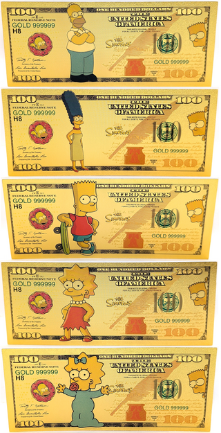 Lot of 5 The Simpsons Homer Bart Lisa Marge Maggie Gold Foil Notes Set XS04