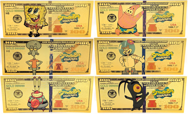 Lot of 6 Spongebob Squarepants Patrick Squidward Krabs Gold Foil Notes Set XS06