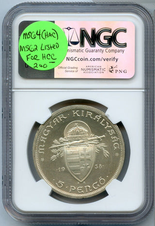 1938-BP Hungary Saint Stephen 5 Pengo Silver Coin NGC MS63 5P Certified - JP594