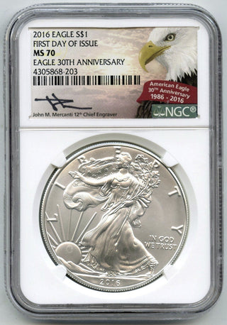 2016 American Eagle 1 oz Silver Dollar NGC MS70 First Day Mercanti Signature E89