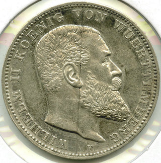 1910 Germany Kingdom of Wuerttemberg Wilhelm II 3 Mark .9000 SILVER Coin -DM253