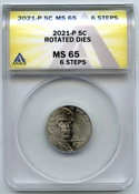 2021-P Jefferson Nickel ANACS MS 65 Rotated Dies 6 Steps Philadelphia Mint A569