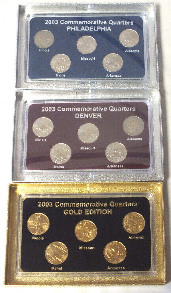 2003 State Quarters (3) Coin Sets - Philadelphia Denver Gold-plated - B483