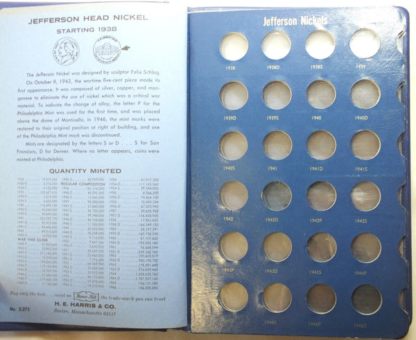 Jefferson Nickels Starting 1938 - 1965 Set Harris Coin Folder 5:275 Album - B69
