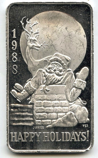 1988 Happy Holidays Santa Chimney 999 Silver 1 oz Christmas Ingot Bar Medal C112