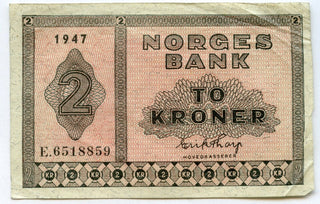 1947 Norway 2 To Kroner Bank Note Currency - JM673
