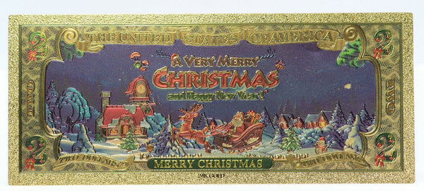 Merry Christmas Currency X-Mas Santa Holidays $2 Gold Foil Note Stocking Stuffer