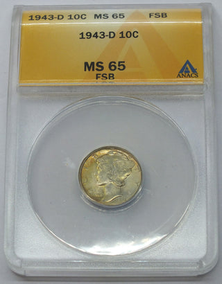 1943-D Mercury Silver Dime ANACS MS65 FSB - Toning Toned - Denver Mint - G260