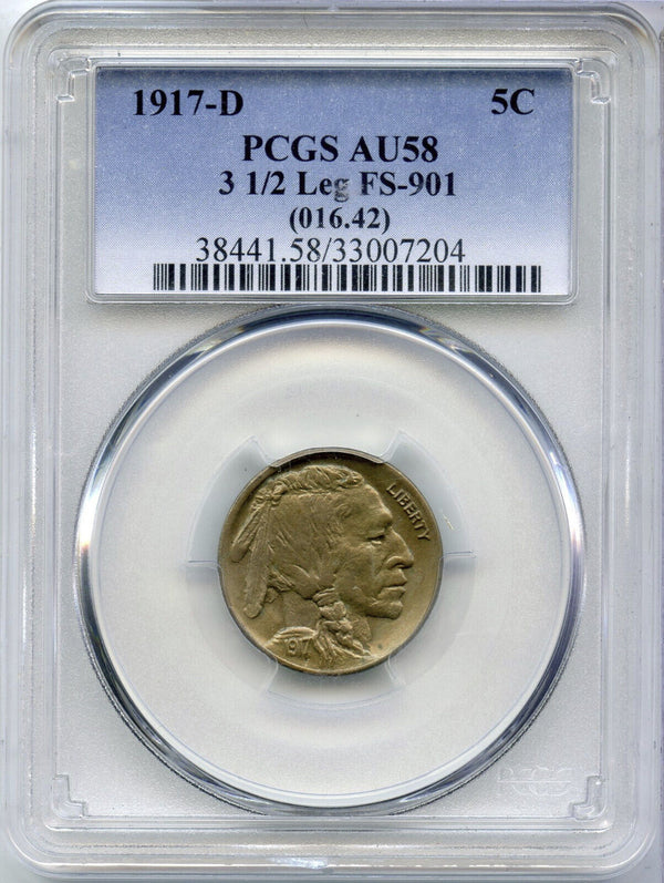1917-D Indian Head Buffalo Nickel PCGS AU58 3 1/2 Leg FS-901 -5 Cents- DM609