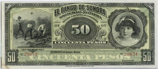1911 Mexico Sonora 50 Pesos Banknote UNC Currency Note P S422r DN178