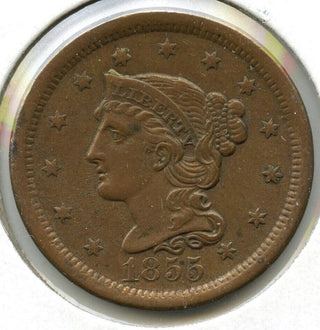 1855 Braided Hair Large Cent Penny - Upright 5's - E18