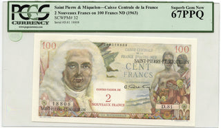 1963 Saint Pierre Miquelon 2 Nouveaux Francs on 100 Francs PCGS 67PPQ Gem A826