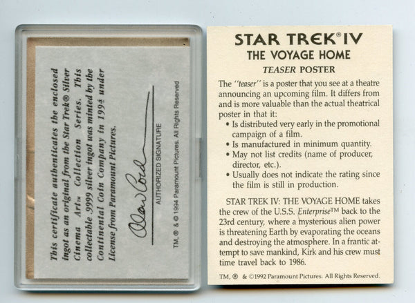 Star Trek IV 1994 Voyage Home 9999 Silver Ingot Medal Paramount Teaser - CC440