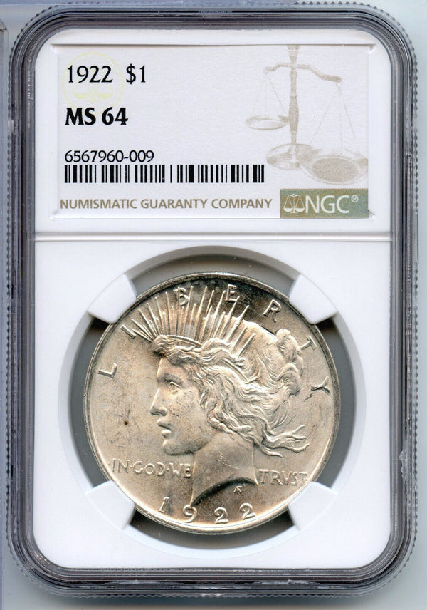 1922 Peace Silver Dollar NGC MS64 Certified - Philadelphia Mint - CC284