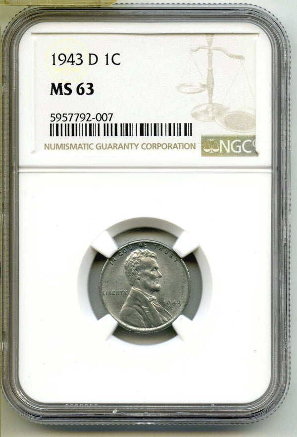 1943-D Lincoln Steel Cent Penny NGC MS63 Certified - Denver Mint - A358
