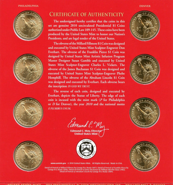 2010 P & D Presidential $1 Coin Uncirculated Set 8 Coins US Mint OGP - JP354