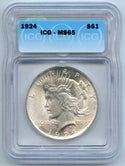 1924 Peace Silver Dollar ICG Certified MS65 - Philadelphia Mint - CC776