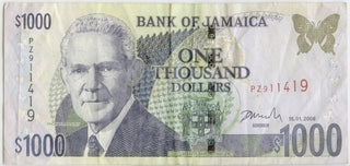 2008 Bank of Jamaica Banknote $1000 Currency Note in Holder Money DN175