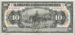 1913 Mexico Chihuahua 10 Pesos Banknote UNC Currency Note P S133, DN176