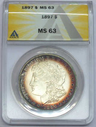 1897 Morgan Silver Dollar ANACS MS63 Toning Toned $1 Philadelphia Mint - B147