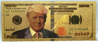 Donald Trump $100 Federal Reserve Note Novelty 24K Gold Foil Plated Bill LG307
