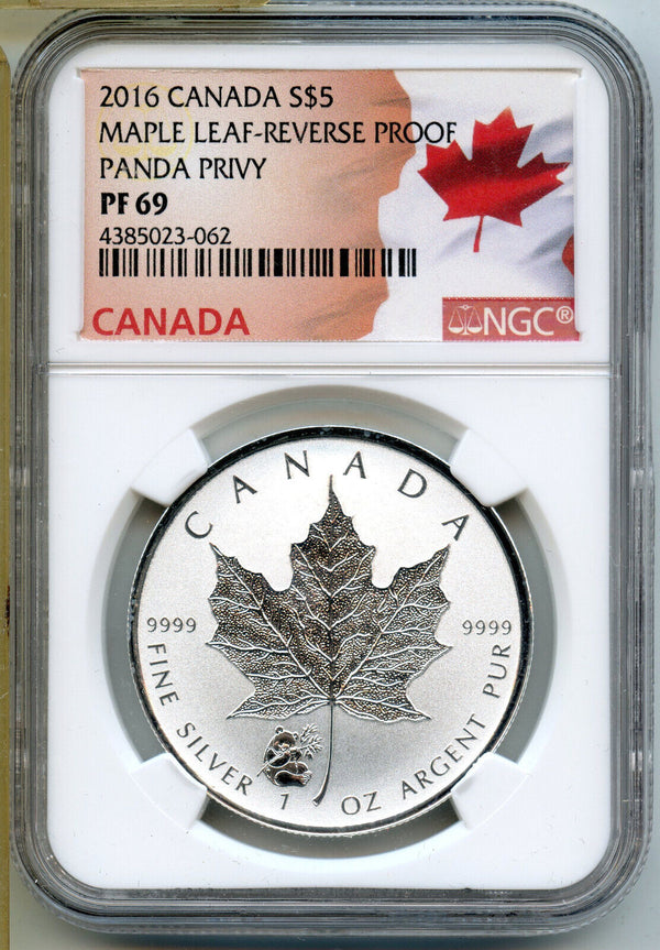 2016 Canada Maple Leaf $5 Coin NGC PF69 Panda Privy 9999 Silver 1 oz Rev - A128