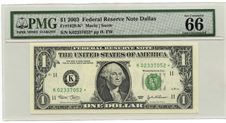 2003 $1 Federal Reserve Star Note Dallas Texas PMG 66 Gem Uncirculated - E12
