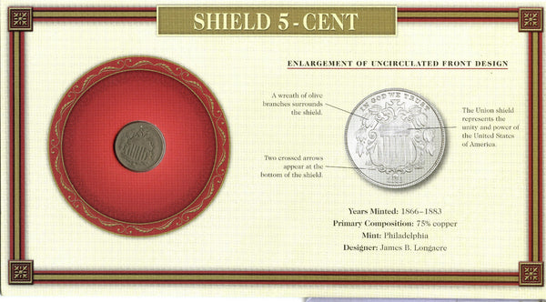 1867 Shield Nickel In Information Card- Five Cents  - DM222