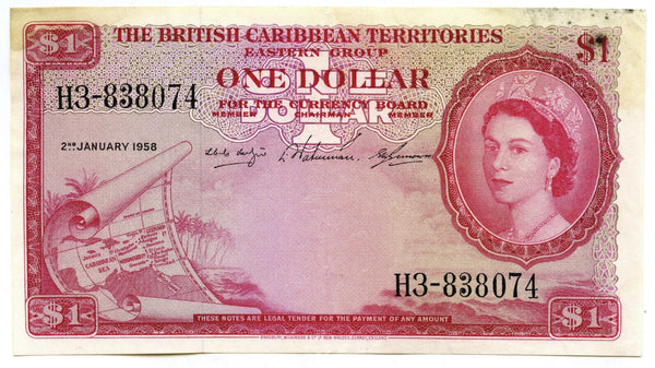 1958 British Caribbean Territories One Dollar Currency Banknote Note - A393