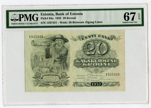 1932 Estonia 20 Krooni Banknote PMG 67 EPQ P-64a Foreign Currency - JP085
