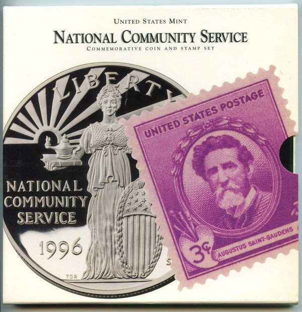 1996 National Community Service Proof Silver Dollar Coin Stamp Set US Mint BT950