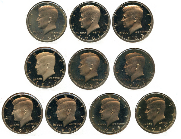 1980 - 1989 Kennedy Half Dollar 10-Coin Proof Set - Collection lot - BQ387