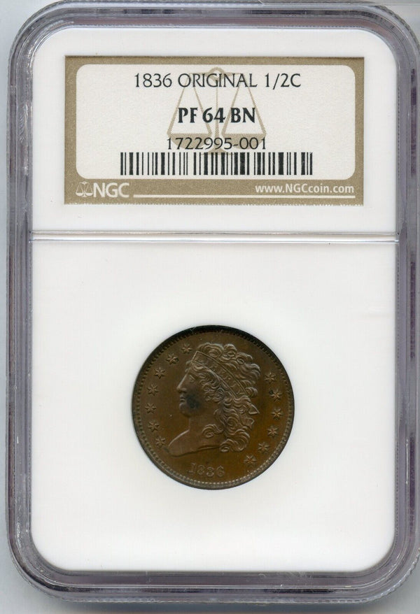 1836 Classic Head 1/2 Half Cent Original NGC PF64 BN Proof Coin - JP030