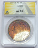 1886 Morgan Silver Dollar ANACS AU55 Toning Toned $1 Philadelphia Mint - A939
