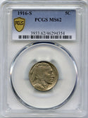 1916-S Indian Head Buffalo Nickel PCGS MS62 Certified -5 Cents- DM460