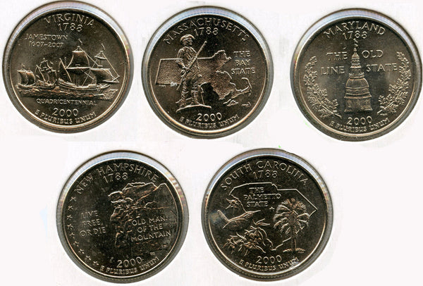 2000-D State Quarter Coin Set - SC NH MD VA MA - Denver Mint - KZ608