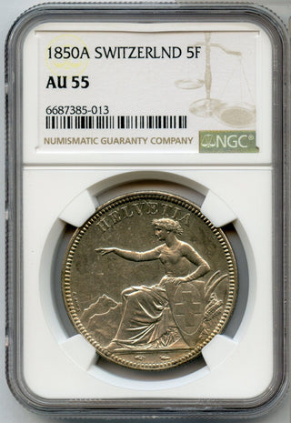 1850-A Switzerland 5 Francs Silver Coin NGC AU55 5F Certified - JP592