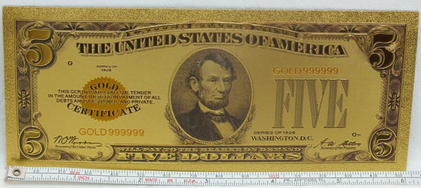 1928 $5 Gold Certificate Lincoln Novelty 24K Foil Plated Note 6