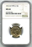 1913-D Buffalo Nickel Type 2 NGC MS 64 Certified - Denver Mint - A646