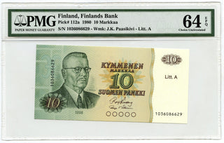 1980 Finland 10 Markkaa Bank Note PMG 64 EPQ Choice Uncirculated Currency - G622